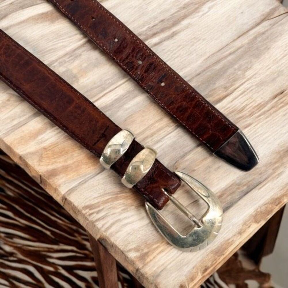Vintage MCM Women's Crocodile Embossed Leather Silver Buckle Waist Belt Brown - Picture 2 of 16